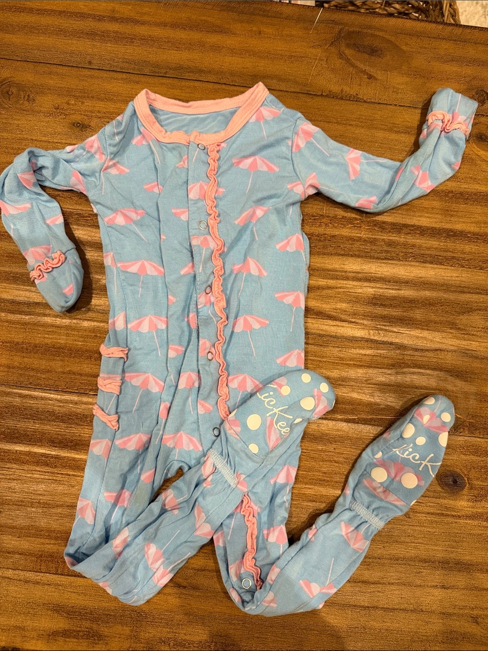 Kickee Pants 9-12M Baby Girls Blue & Pink Umbrella Print One-Piece Pajamas